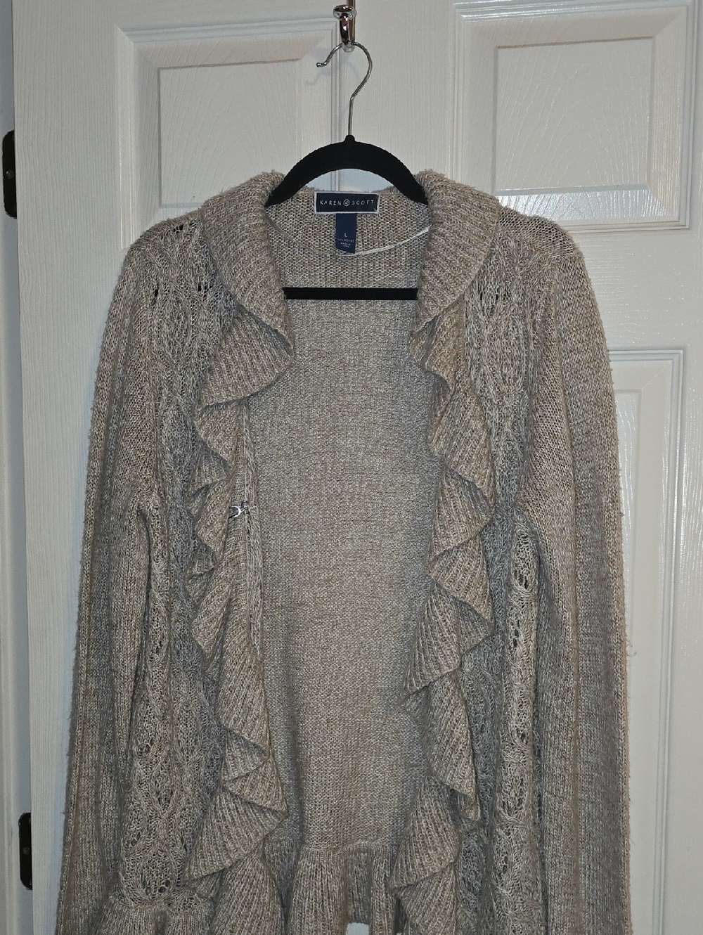 Karen Scott Taupe Ruffle Open-Front Cardigan‎